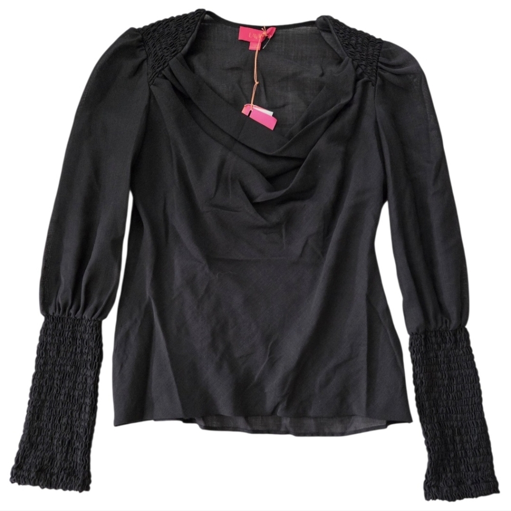 LAVIA Piazza Sempione Semi-Sheer Wool Black Blouse Small‎ Smocked Cuffs NWT Goth